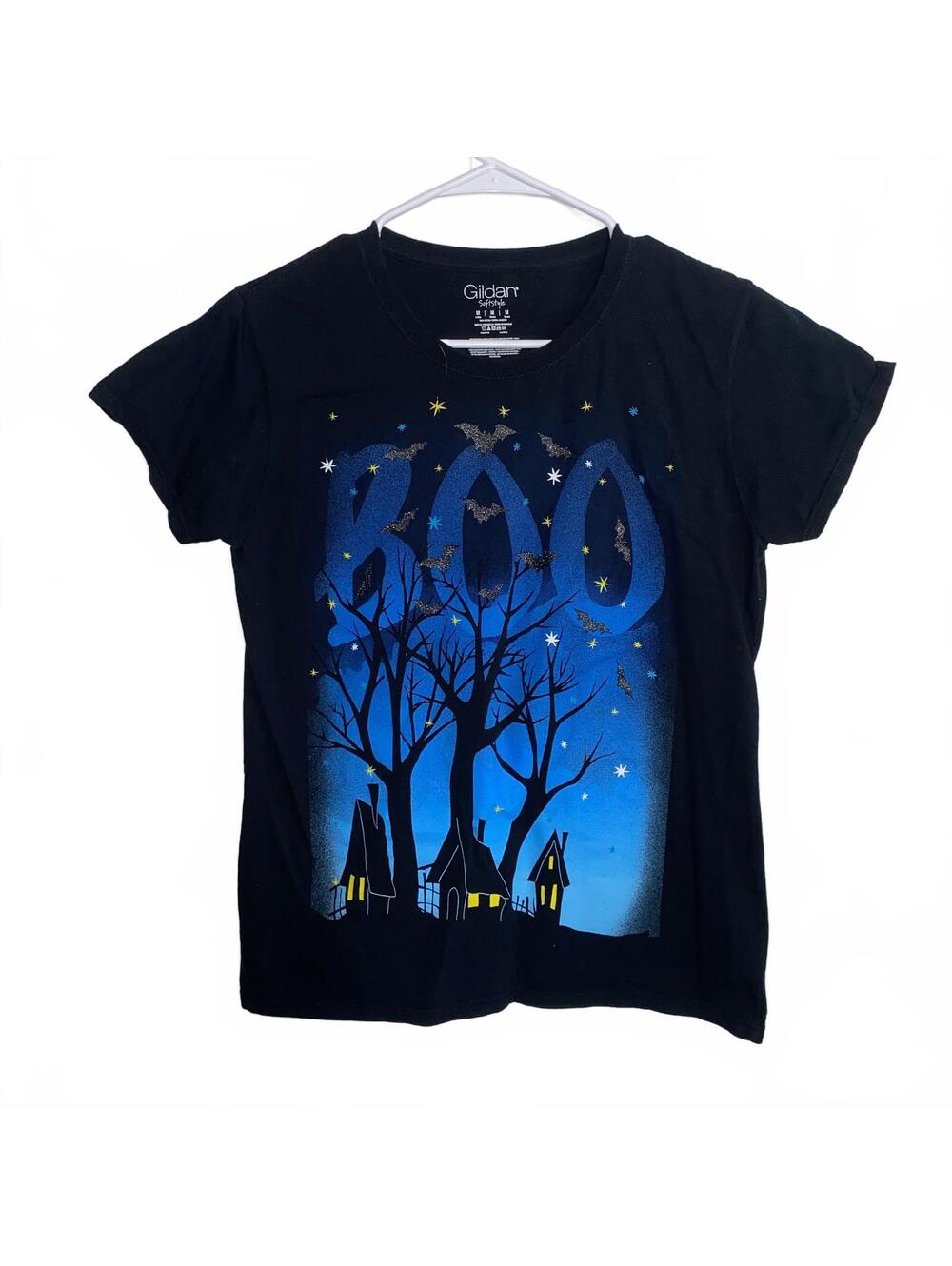 Vintage Gildan BOO Halloween Graphic Tee Black Haunted House Shirt Size M